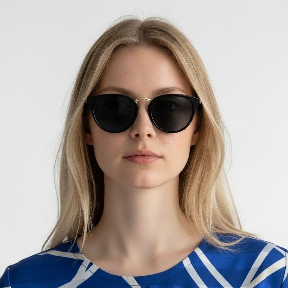 LOFT Women’s Metallic Trim Round Sunglasses Black Gold Trim Frame